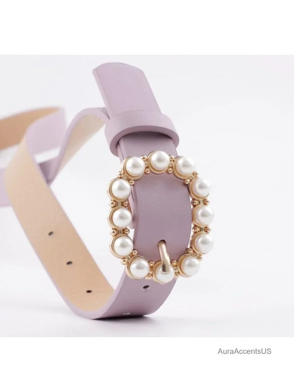 Pearl Buckle Skinny Belt Faux Leather Adjustable Women's